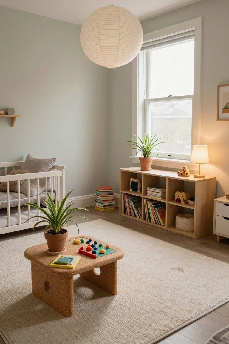 Light green nursery room featuring a white wooden crib with gray pillows, wooden bookshelves stocked with books and toys, a low cork play table with colorful toys, potted spider plants near the crib and on shelves, a paper lantern ceiling light, and a window with plants.