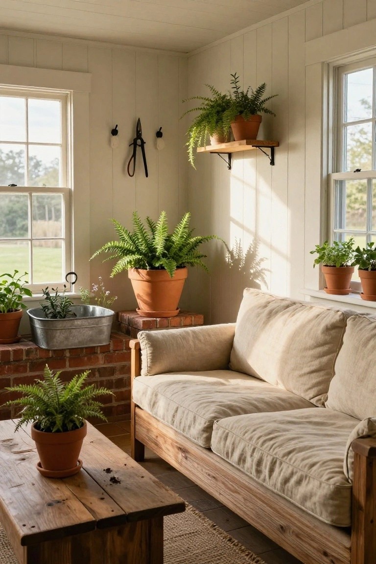 Sunroom with white shiplap walls, wooden sofa with beige cushions, wooden coffee table, multiple potted ferns in terracotta pots, galvanized metal tub planter, brick base, shelves, and large windows showing fields outside.