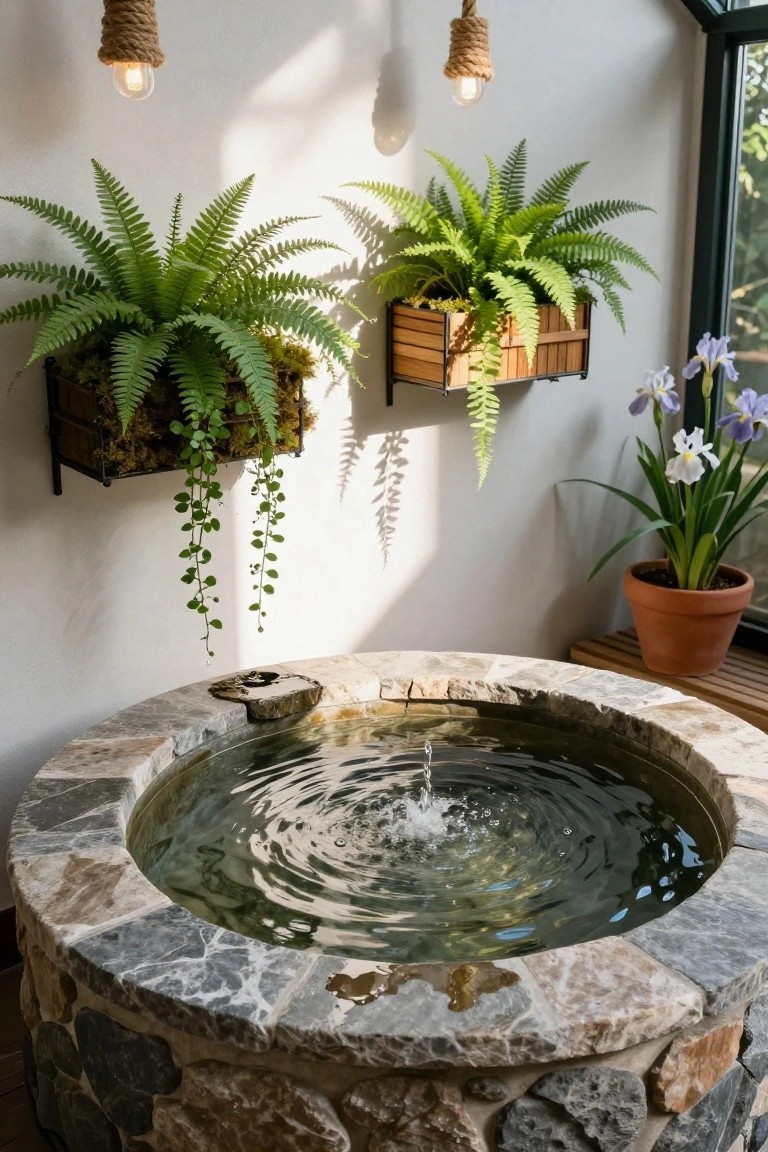 Circular stone basin with central water fountain jet in a sunroom surrounded by potted ferns, mossy planters, trailing vines, and iris plants near large windows.