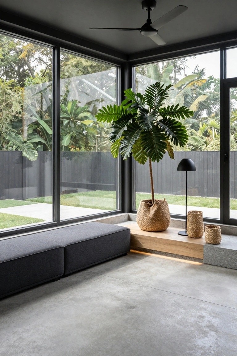 Corner sunroom with dark ceiling fan, floor-to-ceiling black-framed glass walls overlooking tropical garden and greenery, tall potted palm in woven basket on wooden plinth, built-in low grey benches, black floor lamp, small woven baskets, and polished concrete floor.