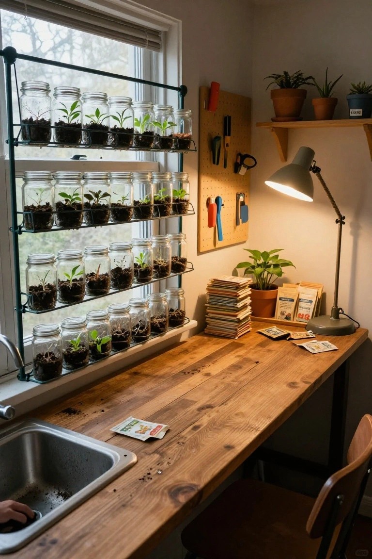 Green metal tiered rack mounted beside a window holds multiple rows of mason jars filled with soil and small plants, above a wooden workbench with sink, desk lamp, books, seed packets, and a chair.