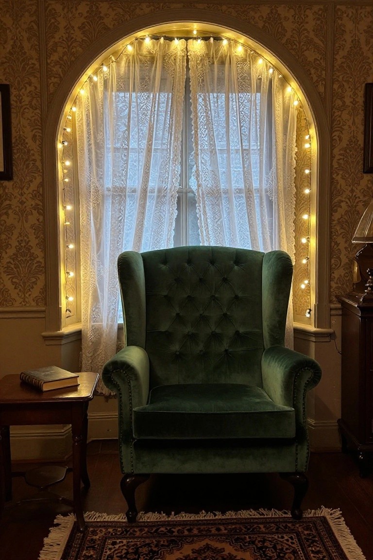 Green velvet wingback armchair next to a wooden side table holding an open book, positioned before an arched window draped with string lights, in a room with patterned wallpaper, sheer curtains, a lamp, and an oriental rug.