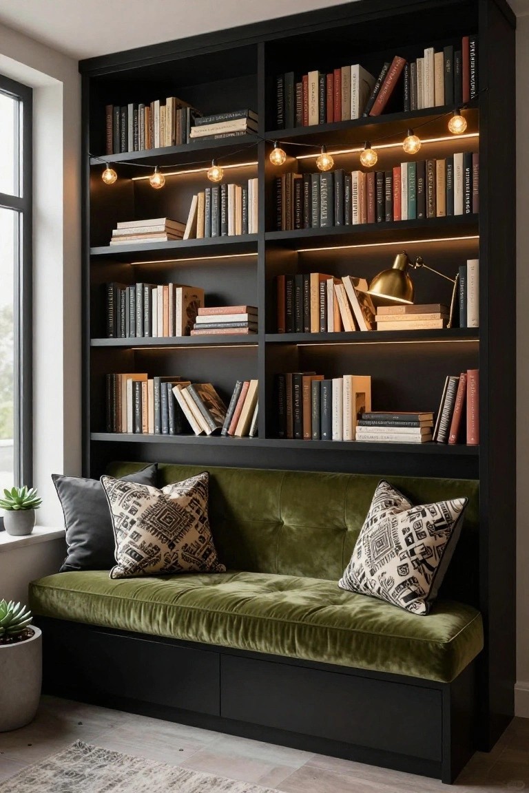 Tall black built-in bookshelf unit filled with assorted books, string lights draped across shelves, green velvet bench seat at the bottom by a window, brass desk lamp on a shelf, patterned pillows, potted plants, and light wood flooring.