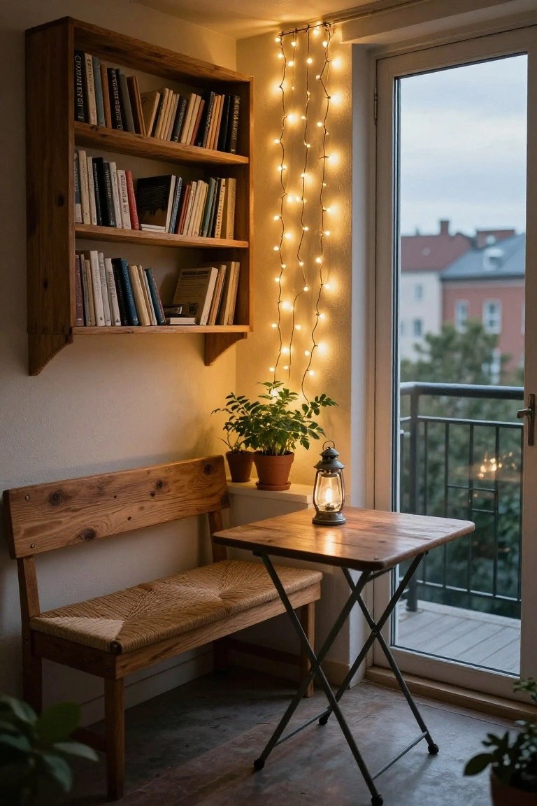 Wooden wall-mounted bookshelf filled with books in a corner next to a wooden bench with rush seat, small folding wooden table with metal lantern, potted plants, and string lights draped on the wall beside a glass balcony door showing outdoor view at dusk.