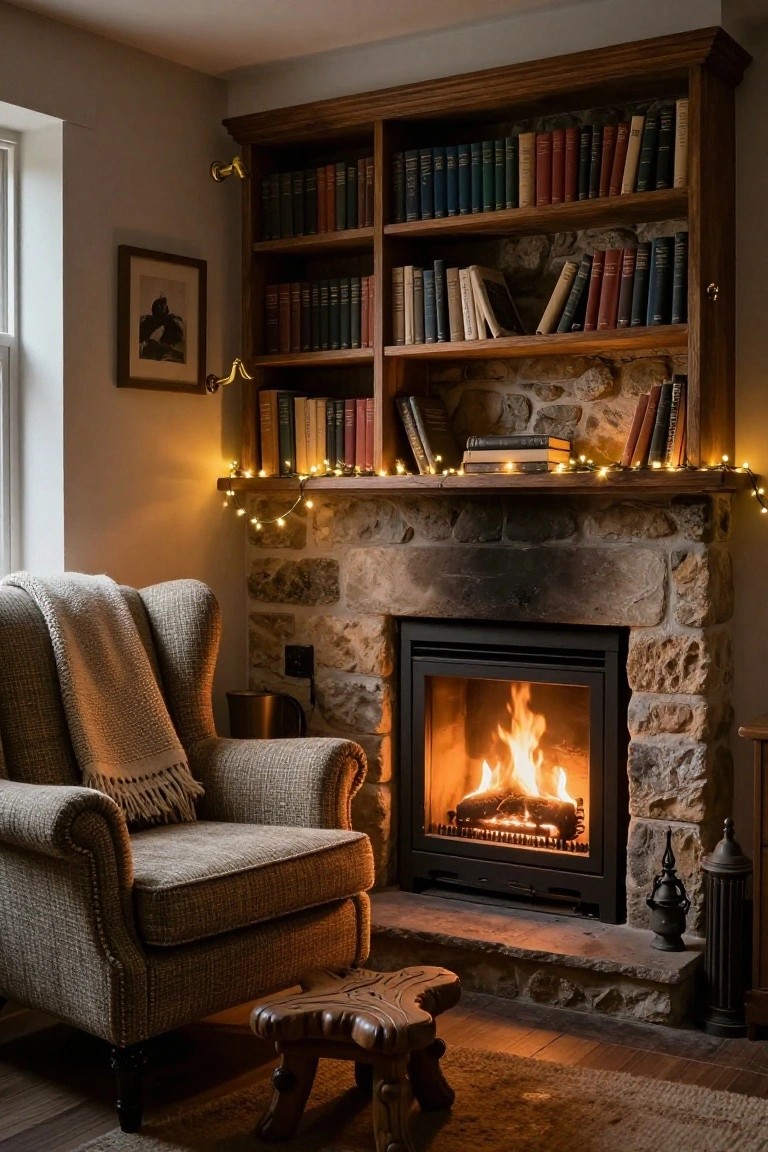 Cozy interior room with wooden bookshelves filled with books, stone fireplace with burning fire, string lights draped along the mantel and shelves, winged armchair with throw blanket and pillow, small wooden stool, and warm lighting.