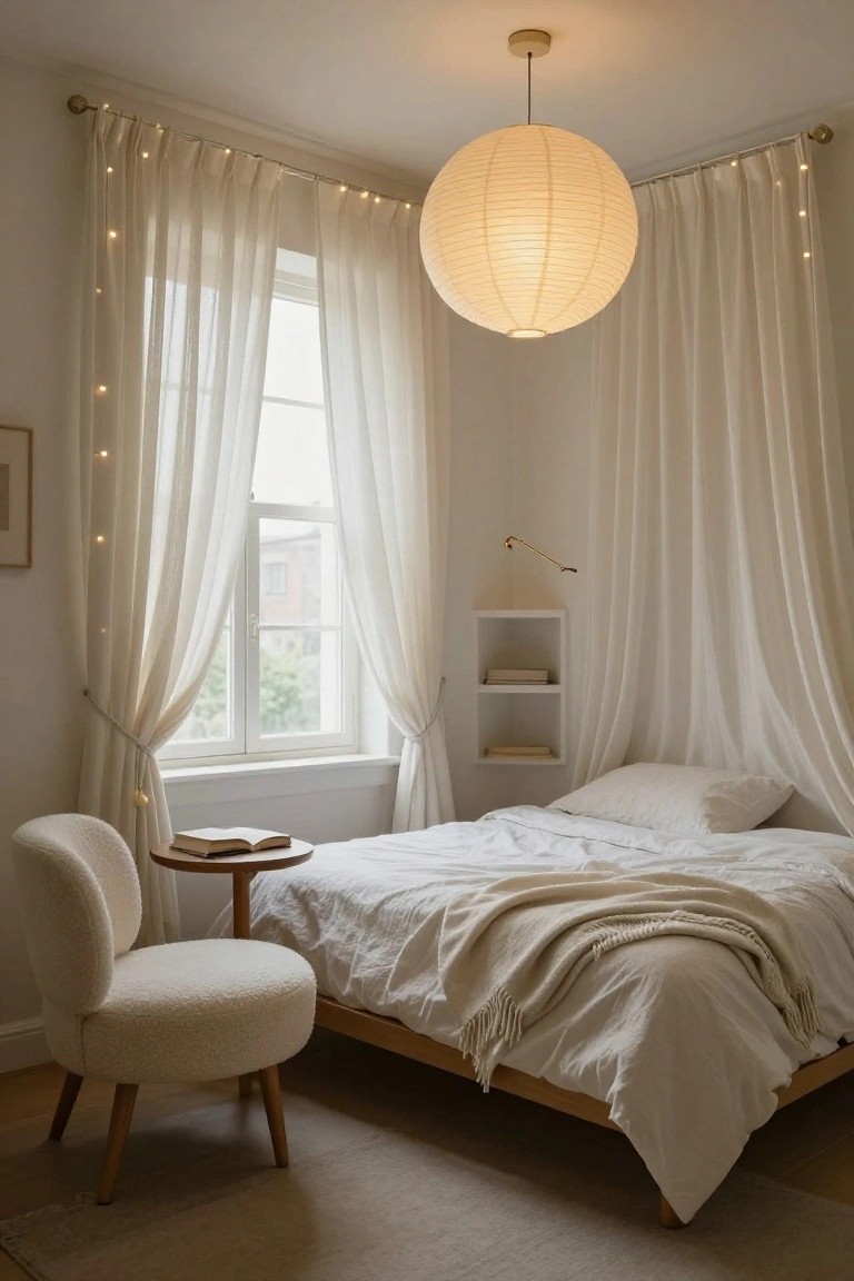 Cozy bedroom corner featuring a platform bed with white linens, a cream sheepskin armchair next to a small round table holding an open book, sheer white curtains with string lights draped along the rods, a floating shelf, and a large paper lantern ceiling light.