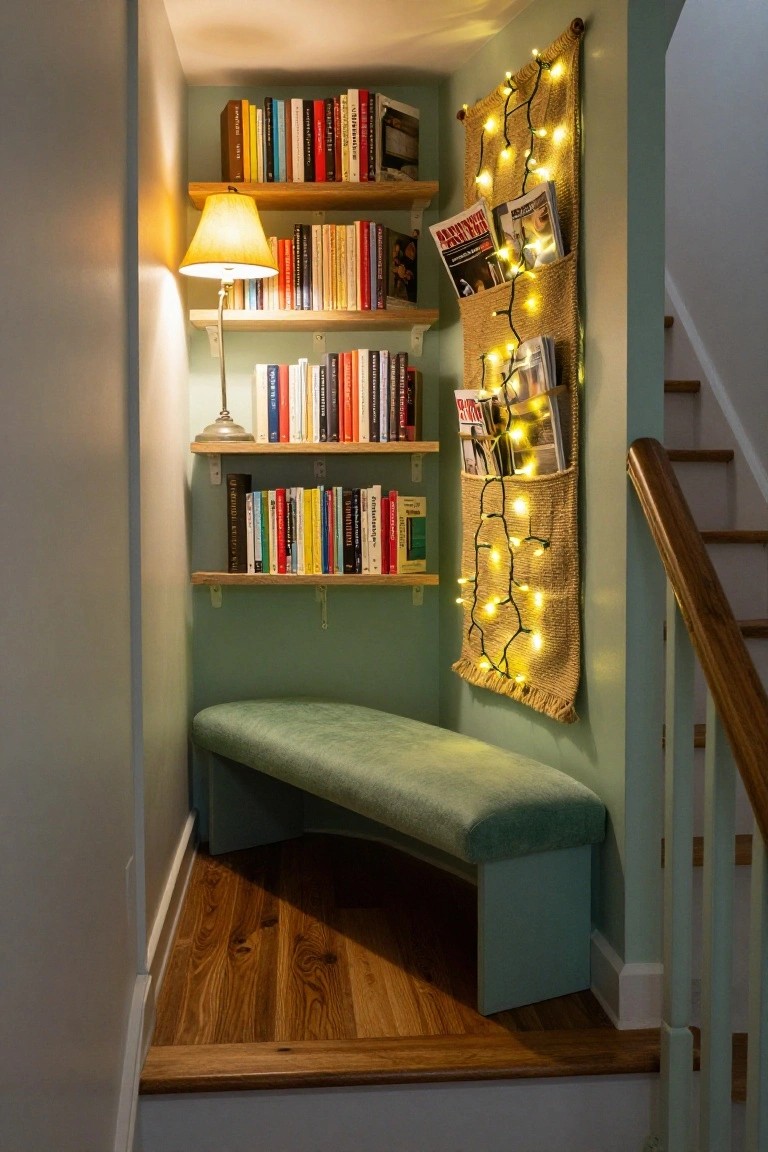 Narrow indoor hallway reading nook with teal upholstered bench, multiple floating wooden bookshelves filled with colorful books, burlap wall hanging with pockets holding magazines and draped in yellow string lights, table lamp on shelf, wooden stairs nearby.
