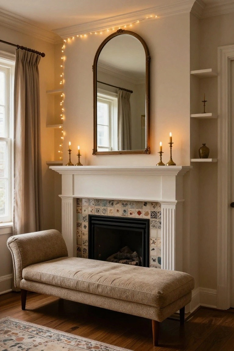 Beige interior room with white fireplace surrounded by colorful tiles, gold arched mirror above flanked by brass candlesticks and candles, string lights along walls and mirror, beige chaise lounge nearby, and neutral curtains on windows.