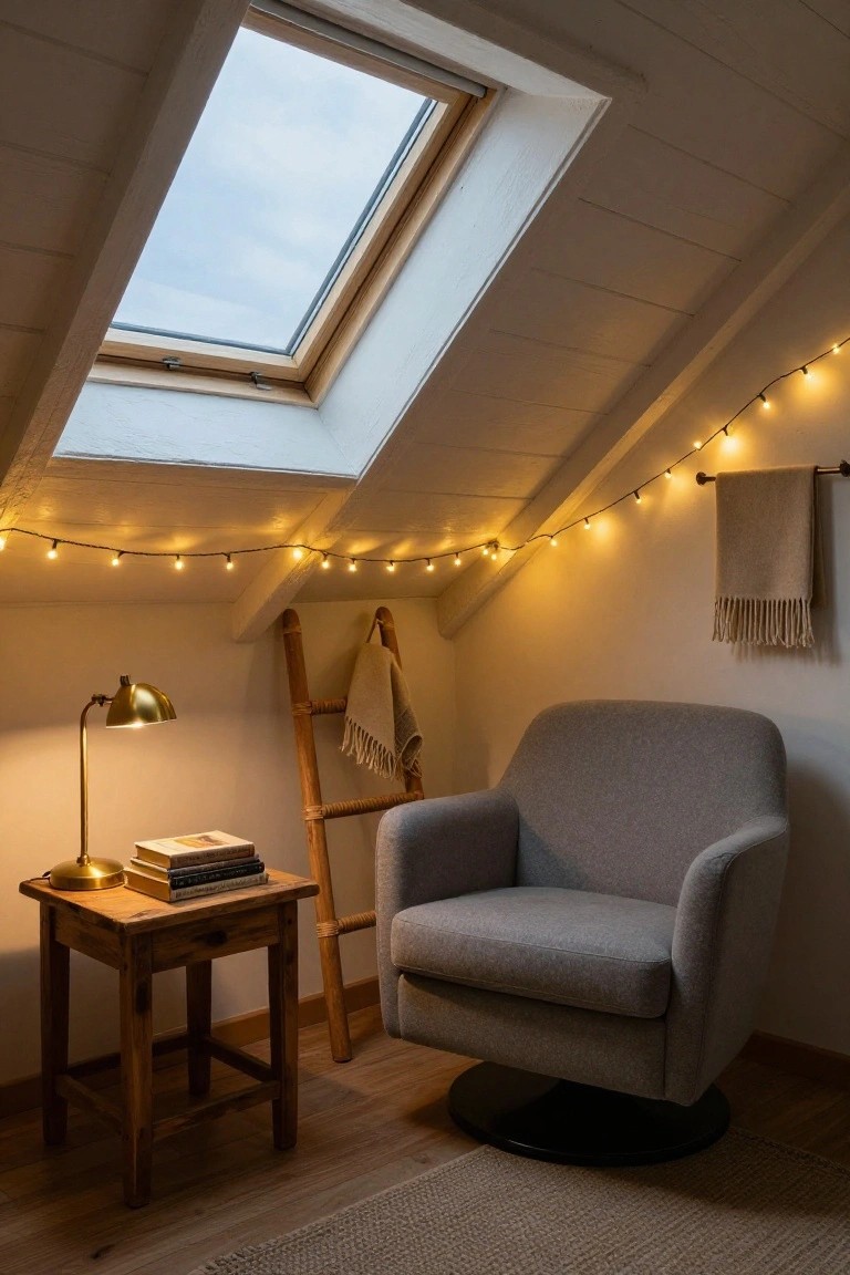 Cozy attic reading nook with sloped white ceiling and skylight, warm string lights along wooden beams, gray swivel armchair next to wooden side table with brass lamp and stacked books, bamboo ladder with draped blanket, neutral textiles, and hardwood floor.