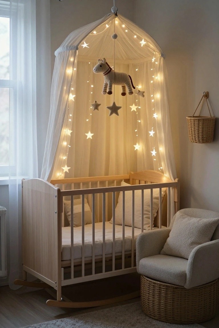 Wooden crib under a white sheer canopy filled with star-shaped string lights, hanging star decorations, and a stuffed horse toy, beside a cream upholstered rocking chair and basket in a light-colored nursery room.