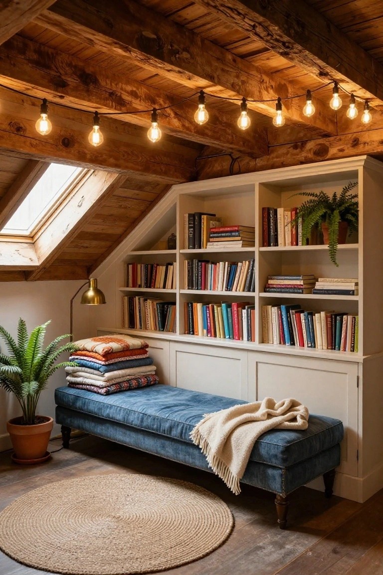 Attic reading nook with exposed wooden beams strung with Edison-style bulb lights, built-in white bookshelves filled with books and plants, blue velvet bench piled with folded blankets, potted ferns, brass arc lamp, and round jute rug on wood floors.