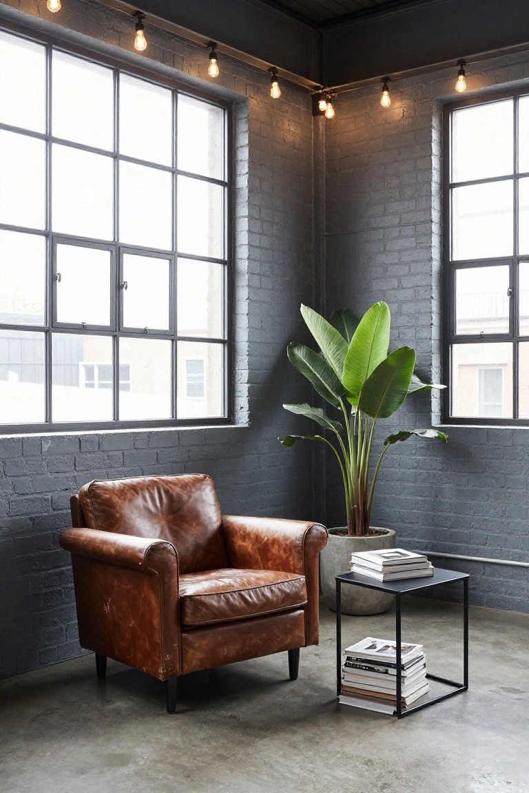 Corner of an industrial-style room with gray brick walls, large metal-framed windows, brown leather armchair, tall green banana plant in a pot, black metal side table holding stacked books, and string lights with exposed bulbs hanging from the ceiling beams over a concrete floor.