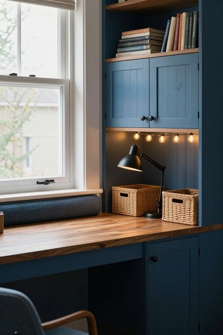 Built-in navy blue desk with wooden top and upper open shelves holding books, string of warm bulb lights under the shelves, black adjustable desk lamp, wicker baskets, blue window seat cushion, wooden chair, and window with view outside.