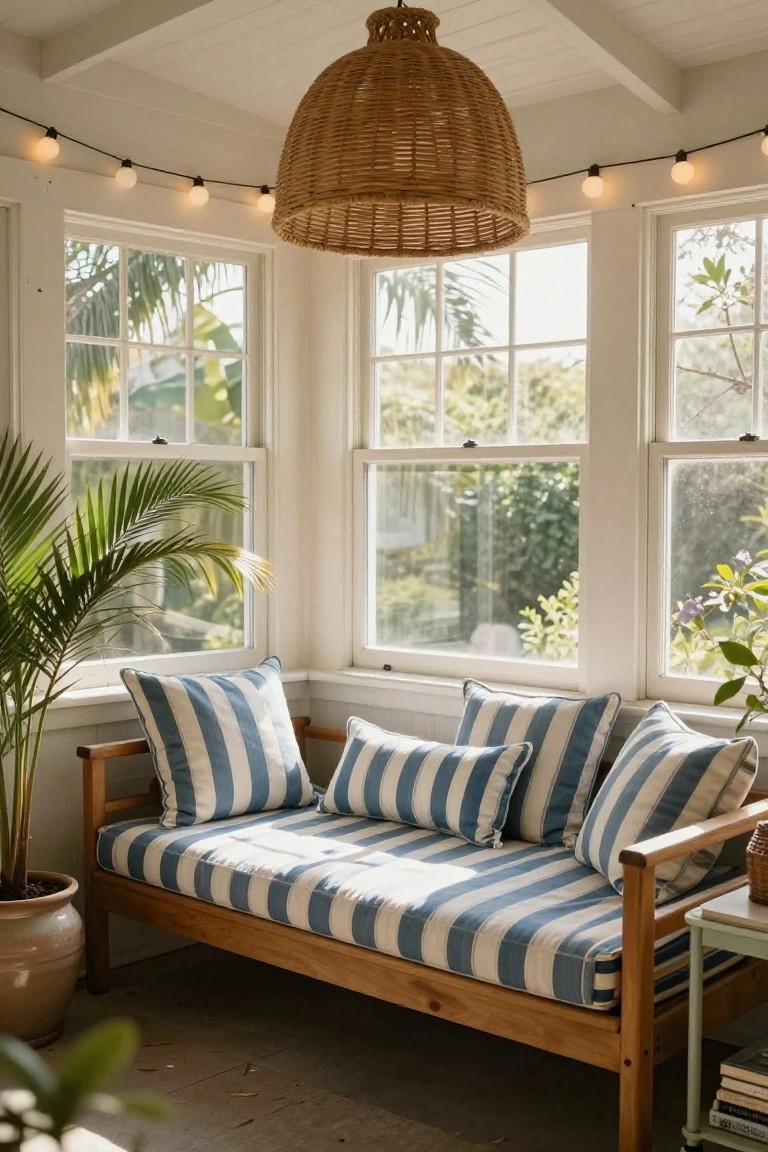 Sunroom interior featuring a wooden daybed with blue and white striped cushions and pillows, potted palms and plants, large windows with garden views, a woven pendant lamp, string lights along the walls and ceiling, and a side table with books.