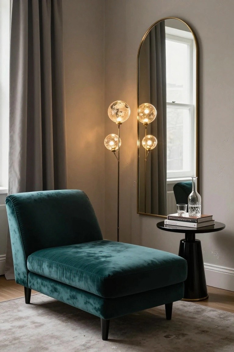 Emerald green velvet chaise lounge in a beige corner room next to a black round side table with stacked books, glasses, and a clear glass decanter, illuminated by a gold floor lamp with three white bubbled glass shades, beside a tall gold arched mirror and gray curtains.