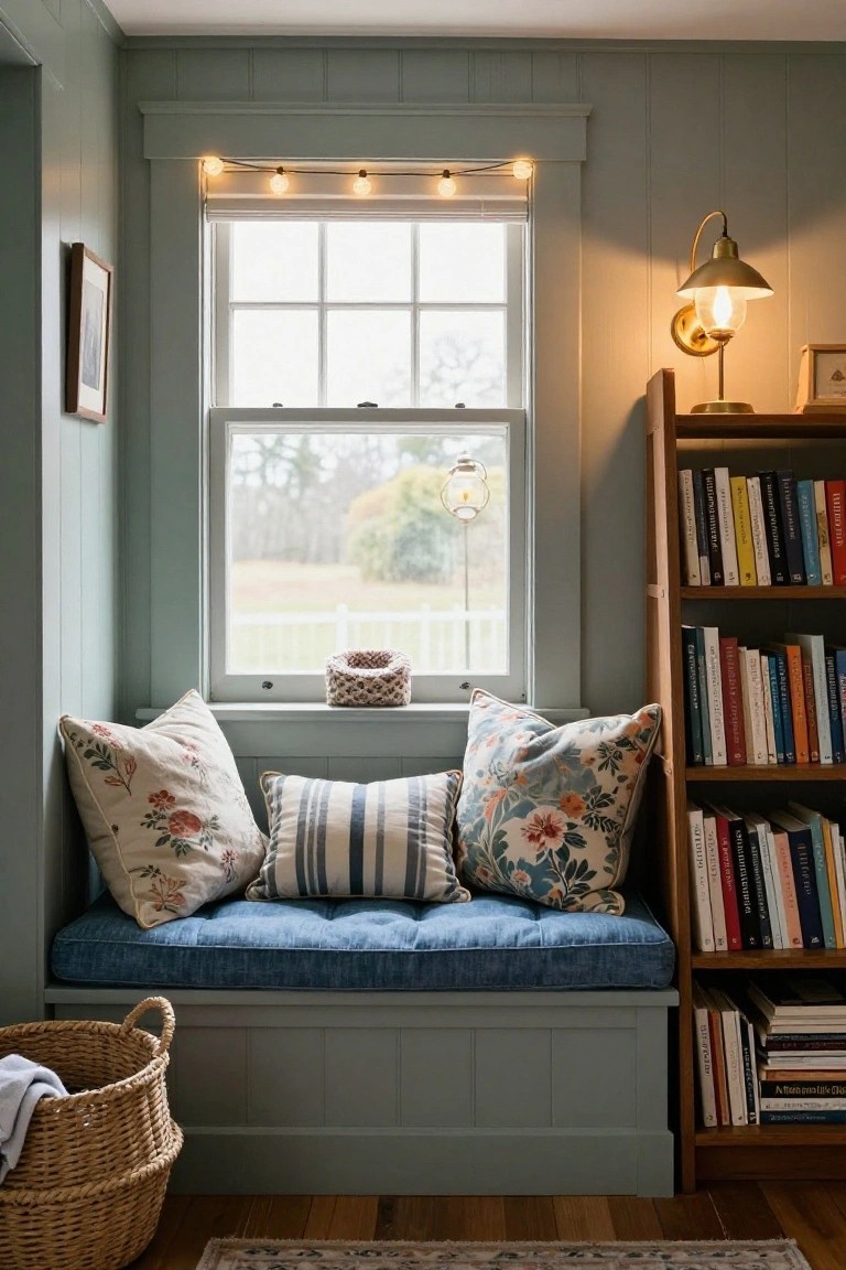 Interior view of a reading nook with a built-in blue cushioned window bench piled with floral and striped pillows, string lights strung above the window, adjacent wooden bookshelves, brass wall lamp, wicker basket, and hardwood floor with oriental rug.