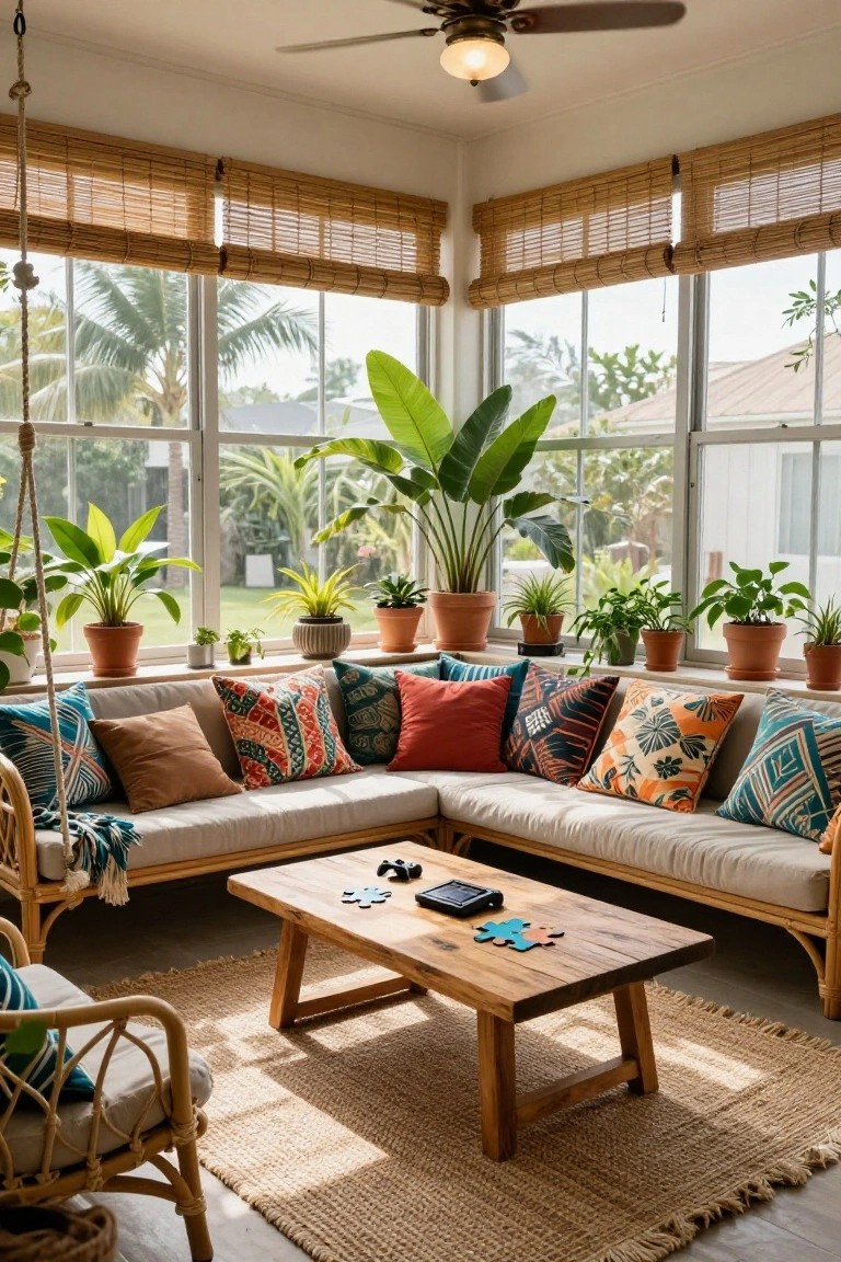 Sunlit room corner with beige L-shaped couch piled with colorful patterned pillows, wooden coffee table holding puzzle pieces and game controller, surrounded by potted plants and bamboo blinds on large windows overlooking palms and garden.