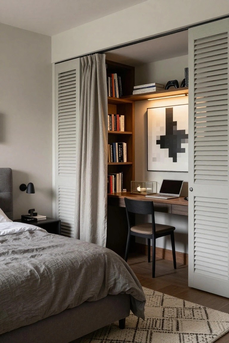 Bedroom interior showing a gray upholstered bed on the left beside a nightstand, and on the right a built-in wooden desk with laptop and Nintendo Switch controller behind partially open gray louvered sliding doors with a draped curtain, flanked by bookshelves.