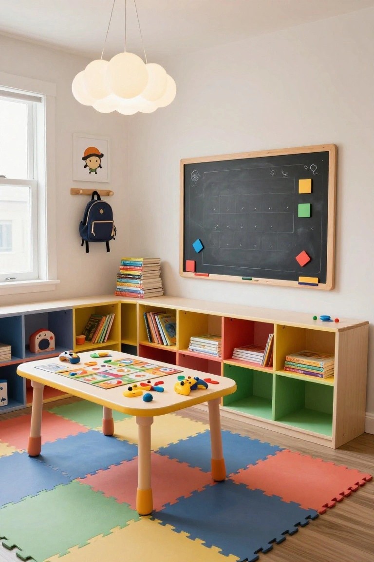Children's playroom with low multi-colored cubby shelving units around a wooden play table covered in toys and games, foam floor mats, blackboard on wall, backpack hook, and cloud pendant light.