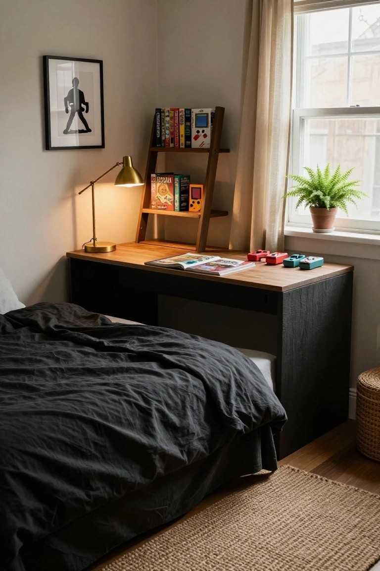 Bedroom corner with wooden-topped black desk holding open magazines, small red blue and green handheld gaming toys, gold desk lamp, angled bookshelf with books and blue Game Boy, bed with dark sheets, potted fern by window.