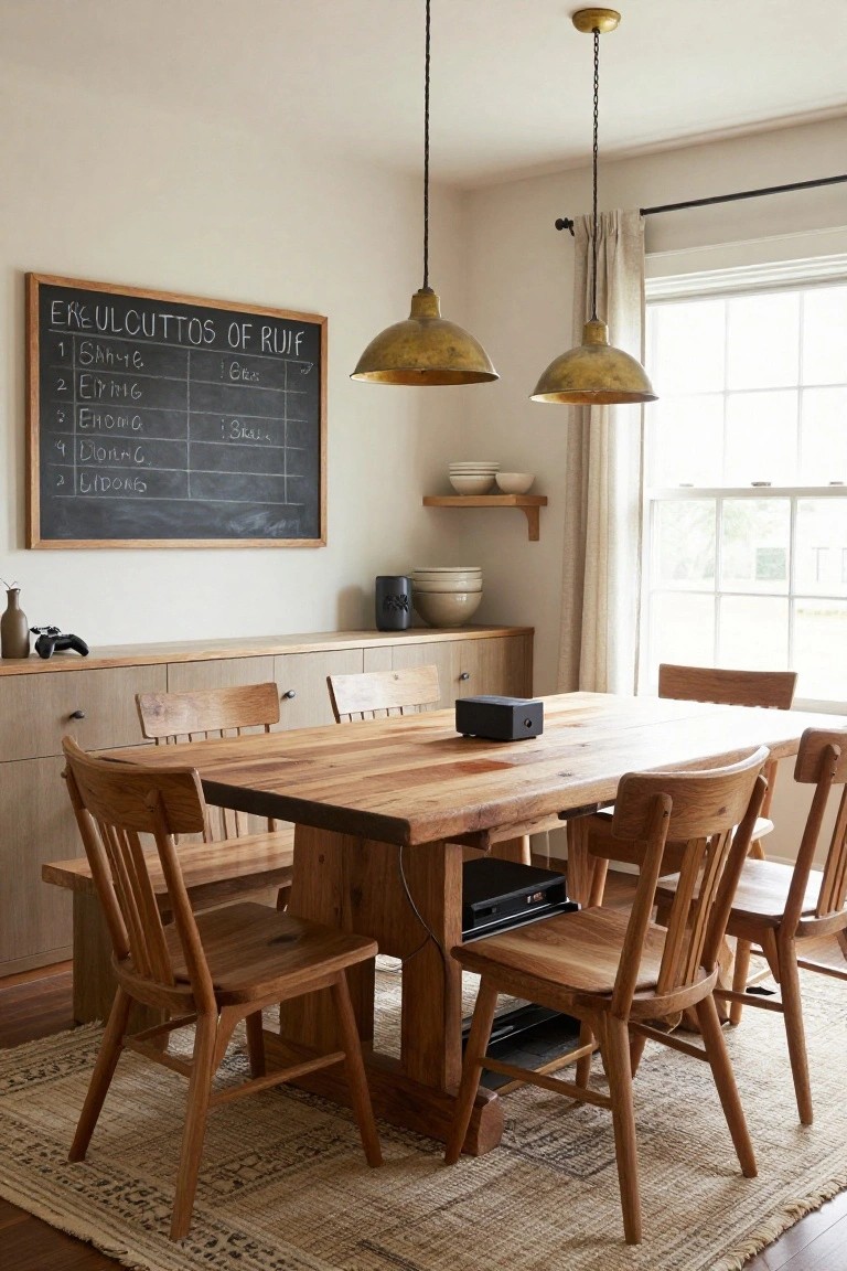 Dining room featuring a wooden table with chairs, low cabinets, a chalkboard on the wall with a handwritten schedule titled "Frekulcuttsos of Ruif," brass pendant lights, stacked bowls on shelves, a gaming controller on a cabinet, and a small black device on the table.