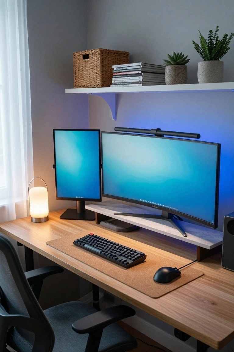 Gaming desk setup with two blue-screen monitors on a stand above a light wooden desk, mechanical keyboard, black mouse, potted plants on wall shelves, desk lamp, and black office chair in a light gray room.