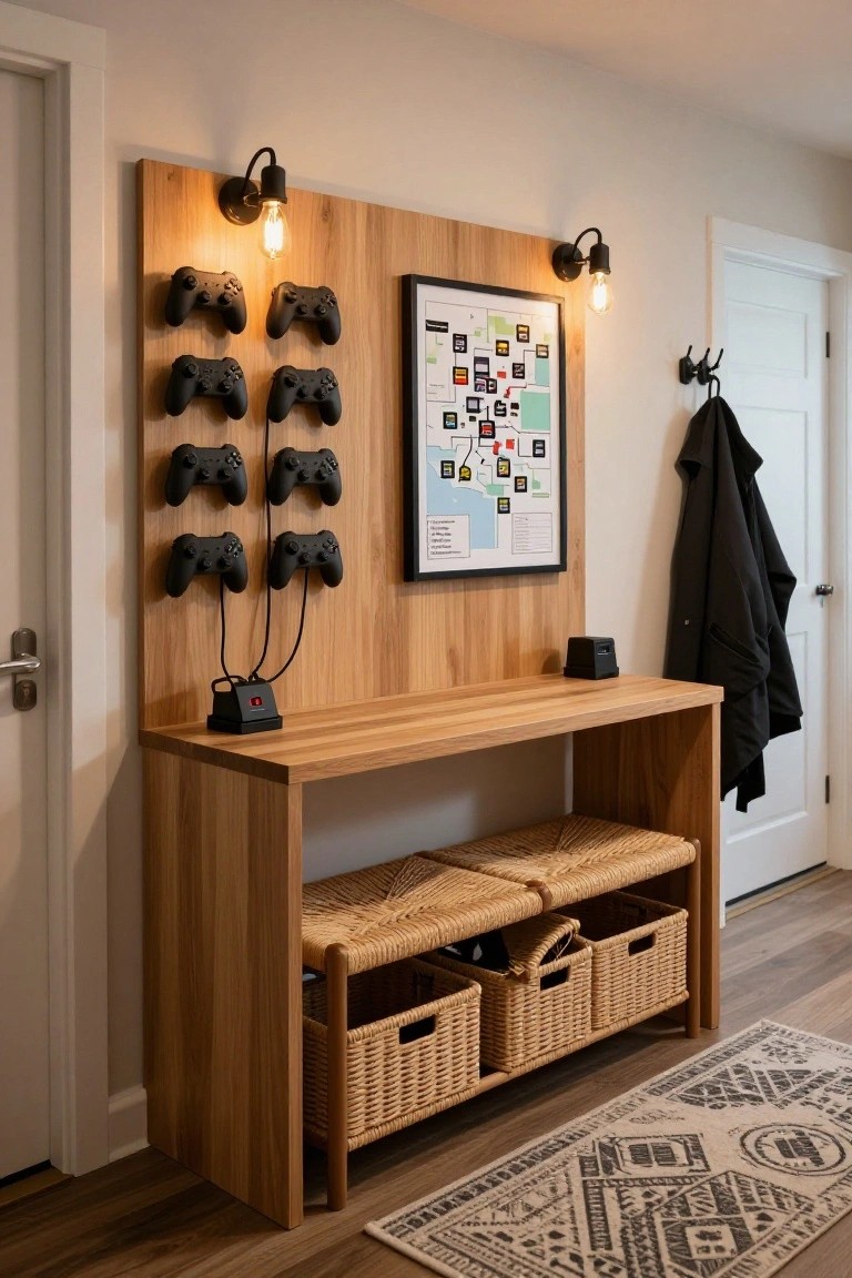 Wooden console table in a light entryway with multiple black PlayStation controllers mounted on a plywood wall panel beside a framed colorful map poster, wall sconces, wicker benches with baskets underneath, and a coat hanging on a hook by the door.