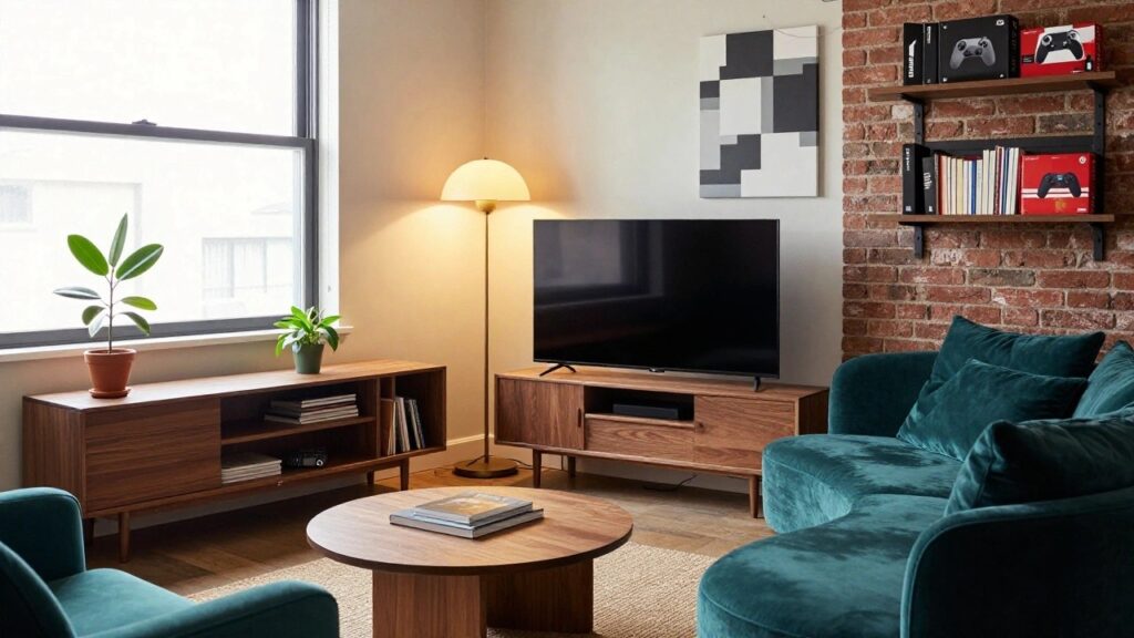 Modern living room with black retro arcade machine next to wooden TV console under wall-mounted television, teal velvet sofa, exposed brick wall, floating shelves with gaming items, and potted plant.