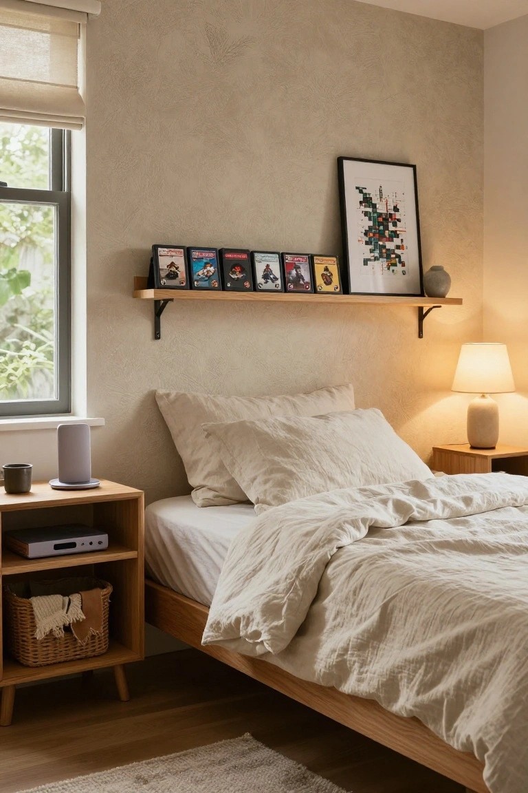 Bedroom with wooden floating shelf displaying black anime and game DVD cases, platform bed with white linens, wooden nightstand holding gray speaker device and mug, bedside lamp, and window with sheer blind.