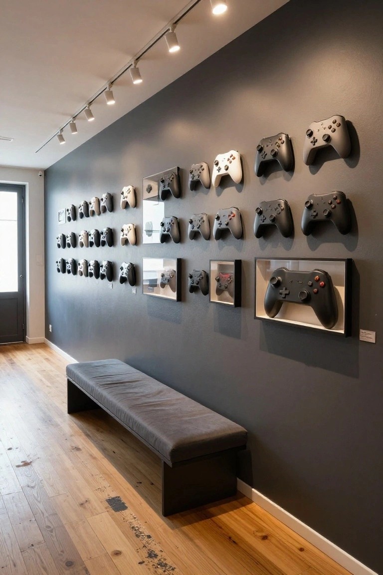 Dark gray wall in an indoor gallery space with numerous black and white Xbox controllers mounted directly and in frames, a gray cushioned bench in front, wooden flooring, and track lighting overhead.