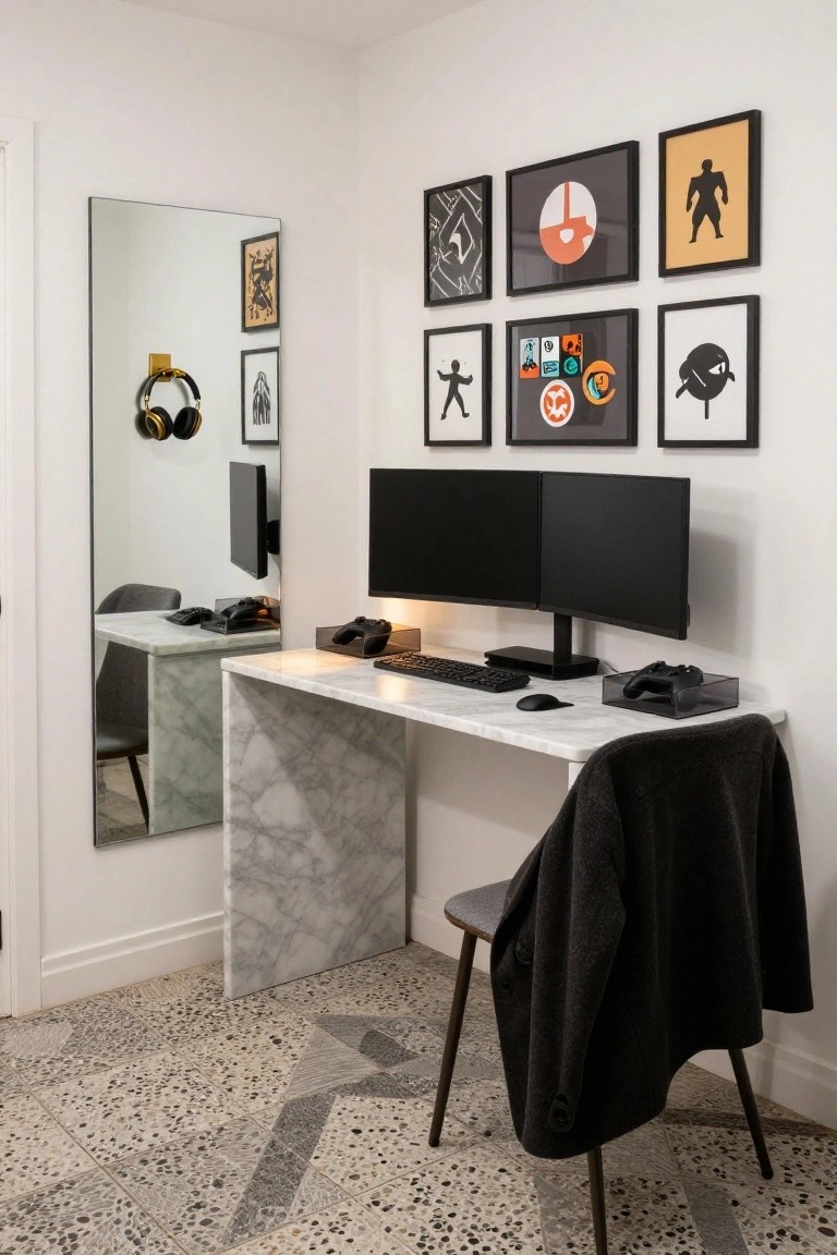 Corner room with white marble desk holding dual black monitors, mechanical keyboard, mouse, controller holders, and headset stand, flanked by a tall mirror and a grid of six framed black and white gaming art prints on the wall, plus a chair with jacket draped over it.