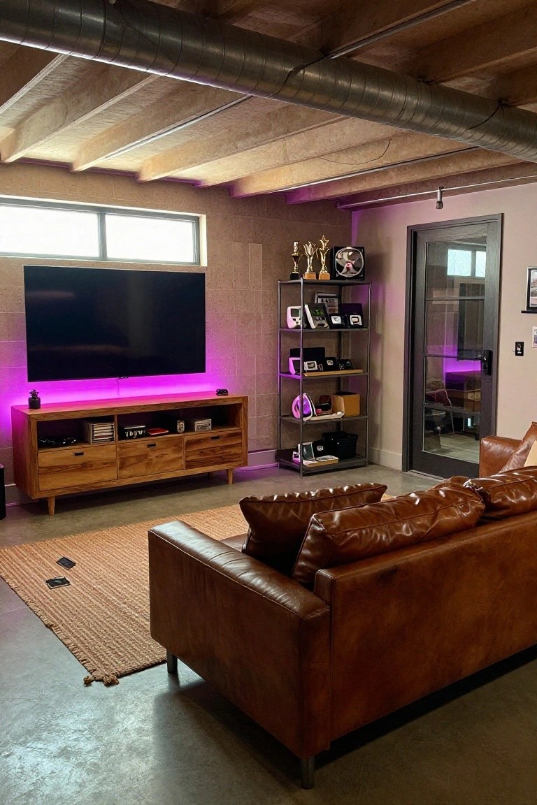 Basement room with large wall-mounted TV backlit by purple LED strips on a wooden media console, brown leather L-shaped sofa on seagrass rug, metal shelving unit displaying trophies and gaming memorabilia, and glass door to adjacent space.