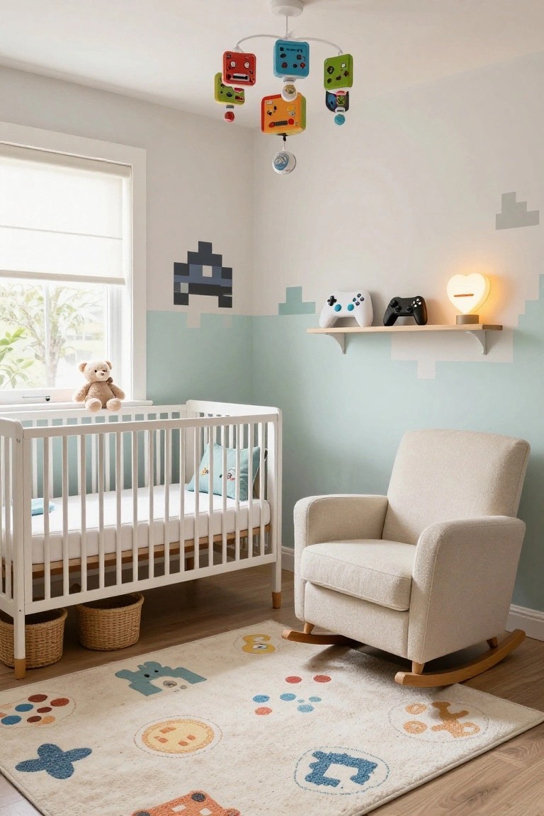 Nursery room with white crib, beige rocking chair, colorful robot mobile overhead, pixelated wall art, white and blue game controllers on floating wooden shelf, teddy bear on windowsill, and patterned rug on wood floor.