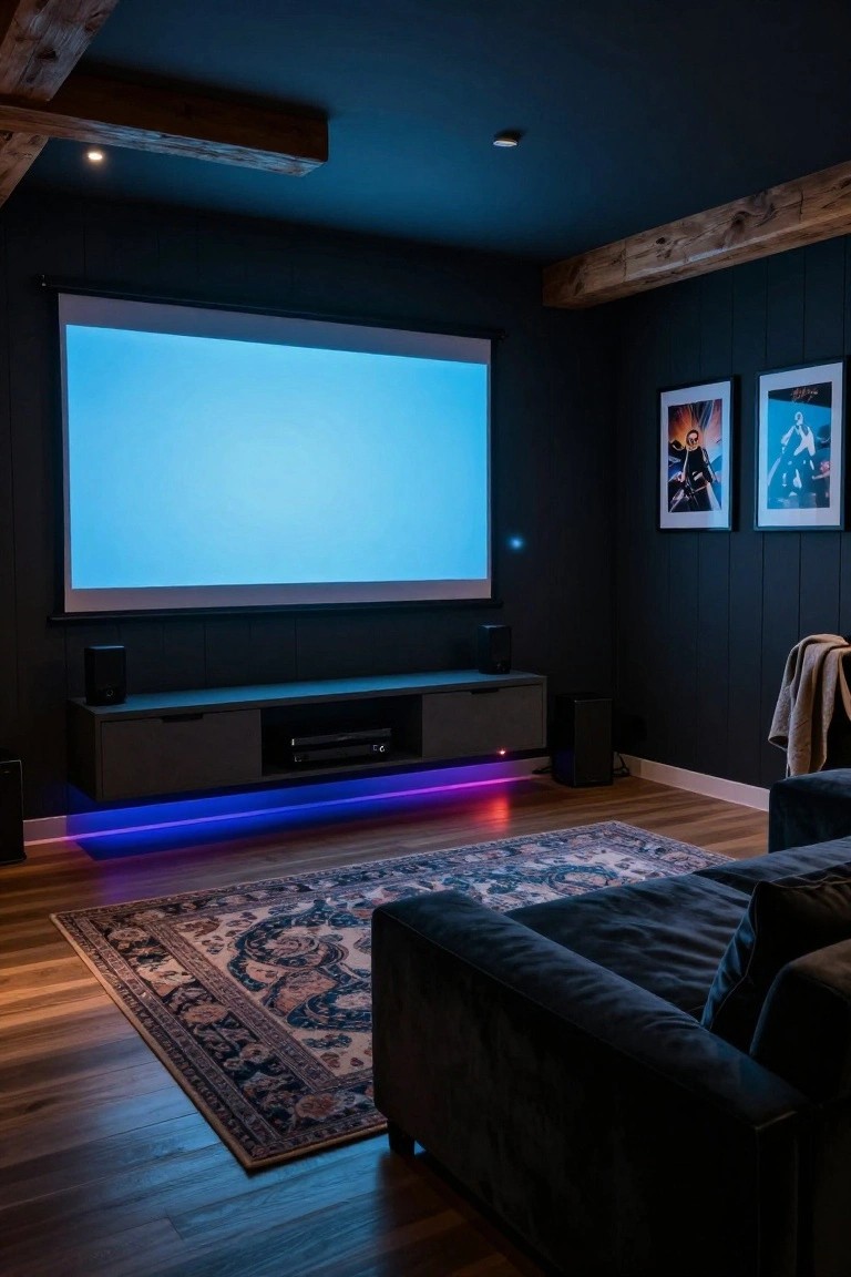 Dark home theater room with projector screen on wall, floating media console lit by purple LED strips underneath, subwoofers, velvet sofa on patterned rug, wooden beams on ceiling, and framed posters.