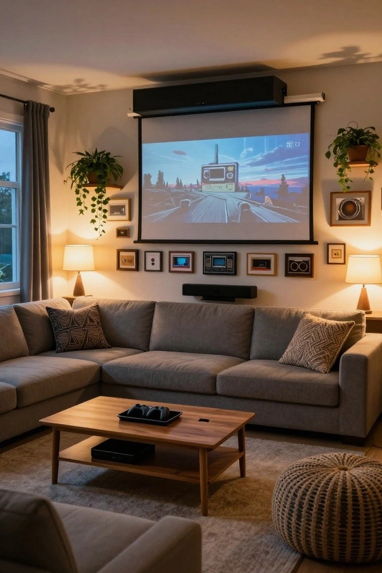 Cozy living room featuring a gray L-shaped couch, wooden coffee table with PlayStation controllers, projector screen displaying a video game scene on the wall, soundbar below, potted plants, table lamps, and framed art.