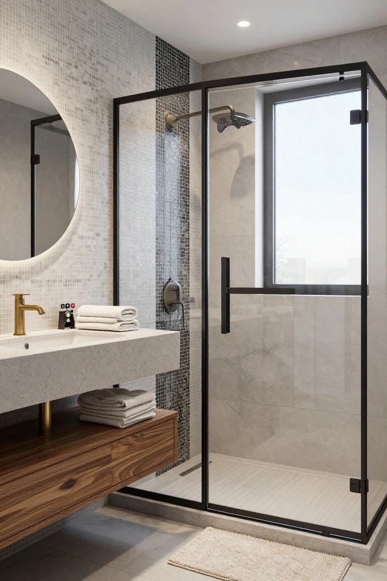 Modern bathroom with gray mosaic tile feature wall behind black-framed glass shower enclosure, floating white quartz vanity on wood shelf, gold faucet, round backlit mirror, stacked towels, and beige bath mat on tiled floor.