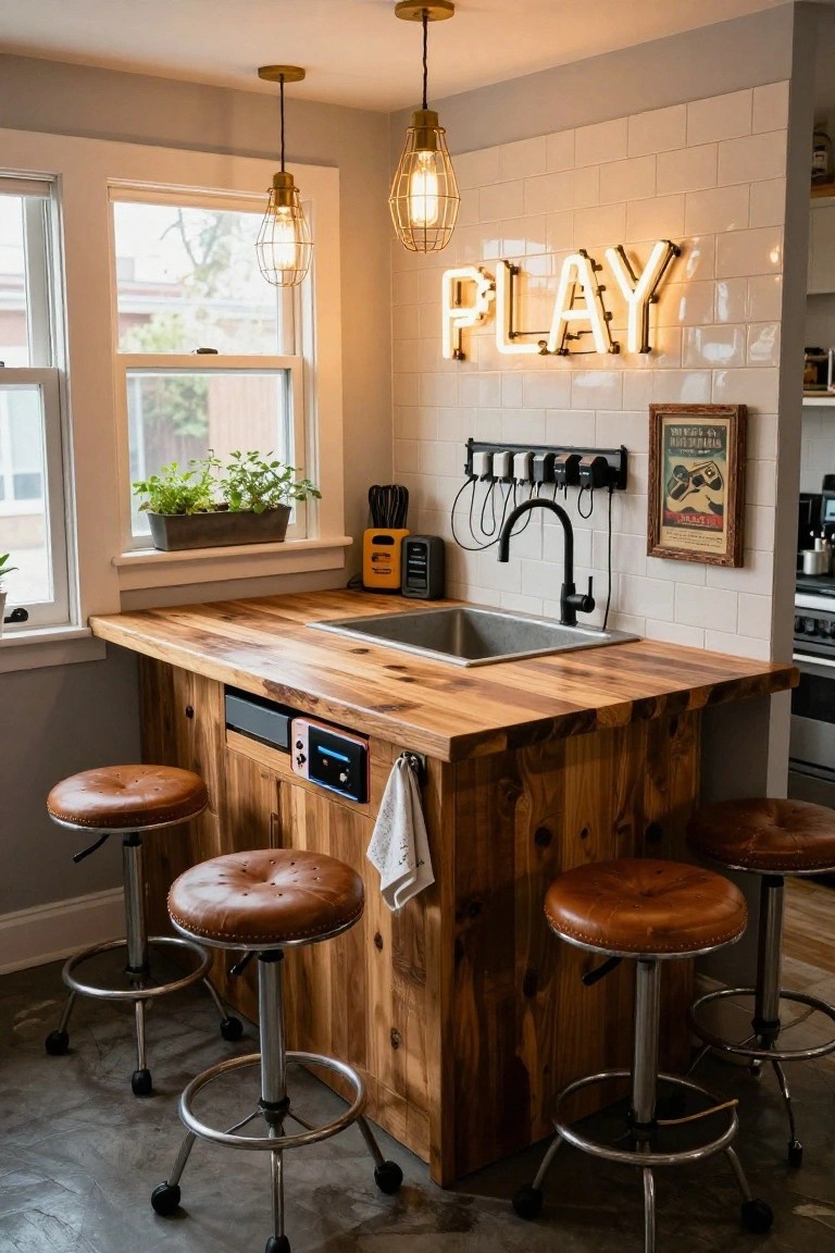 Kitchen with wooden bar counter and sink, four tan leather swivel stools, black faucet, neon PLAY sign on white subway tile wall, pendant lights, toaster, and potted plant on windowsill.