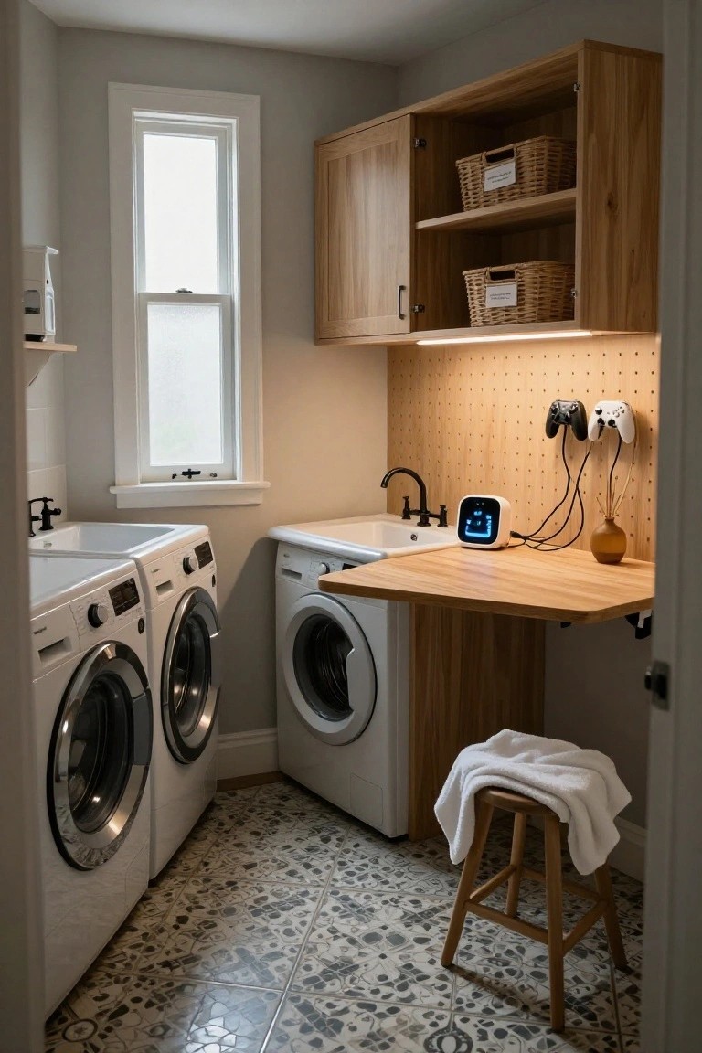 Laundry room with two white front-loading washers and dryers, white sink on wooden folding counter, oak cabinets and baskets, black pegboard wall with two Nintendo Switch controllers mounted and charging above the sink, and a wooden stool nearby.