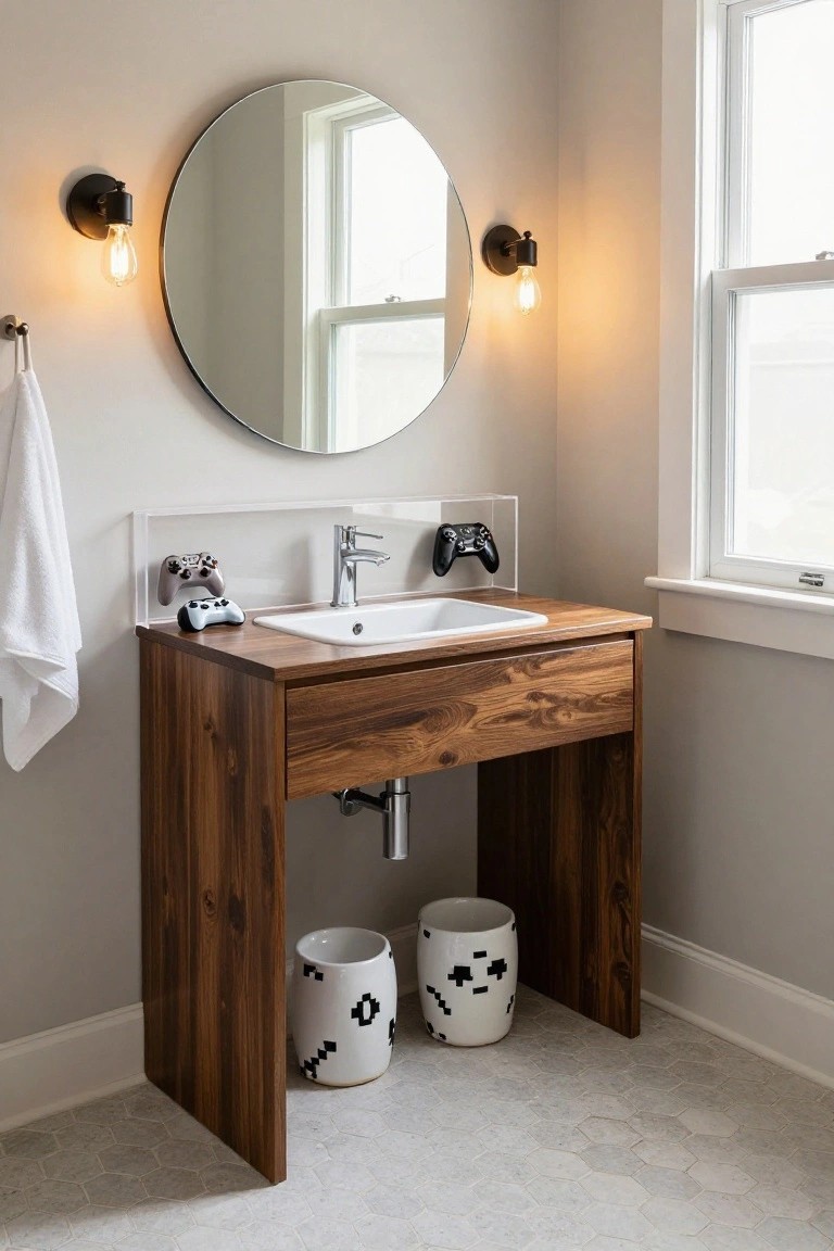 Wooden bathroom vanity with white undermount sink, chrome faucet, two PlayStation controllers in clear acrylic case beside it, round mirror above, wall sconces with exposed bulbs, white towel on hook, and two white pixel-patterned bins on hexagonal tile floor.