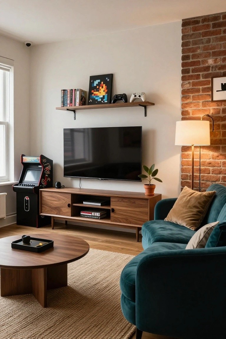 Modern living room with black retro arcade machine next to wooden TV console under wall-mounted television, teal velvet sofa, exposed brick wall, floating shelves with gaming items, and potted plant.