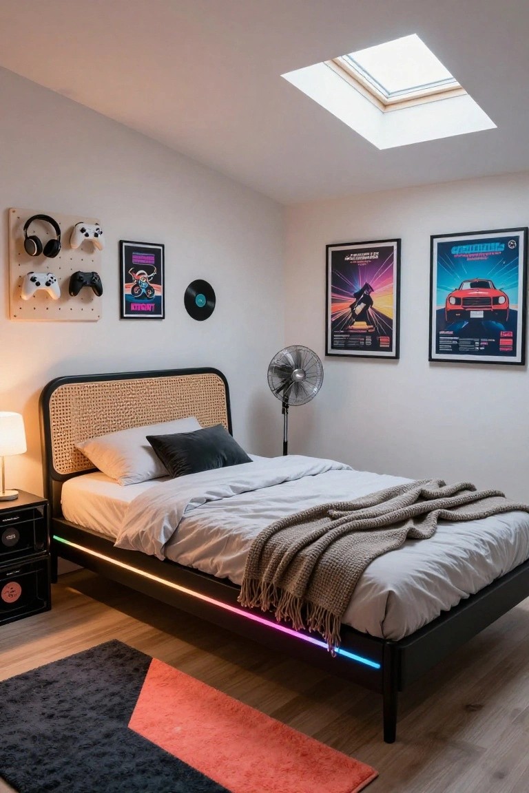 A modern bedroom with a black bed frame featuring purple and pink RGB LED lights underneath, a rattan headboard, wall-mounted gaming controllers and headphones on a pegboard, synthwave posters, a standing fan, and a colorful rug on wood flooring.