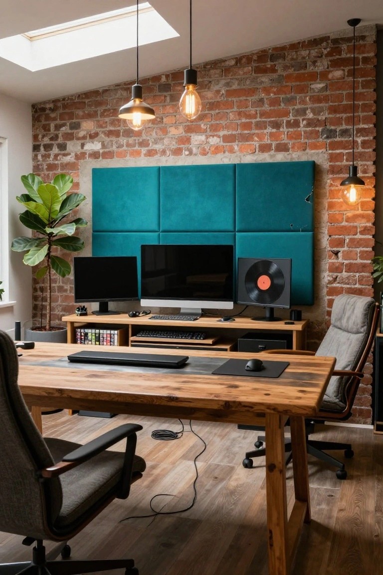 Home office gaming setup featuring exposed brick walls with teal tufted panels behind dual monitors on a wooden desk, potted fiddle leaf fig plant, ergonomic chairs, vinyl record display, and hanging industrial lights.