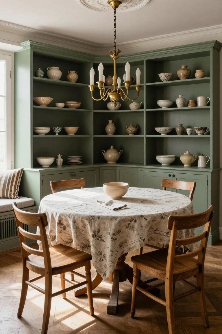 Sage green corner built-in cupboards with open shelves displaying assorted pottery and dishes, a round table covered in white cloth with wooden chairs, and a brass chandelier hanging above in a light-filled room.