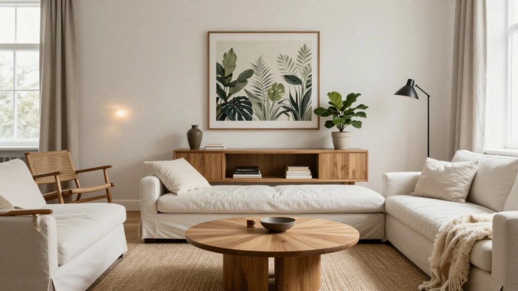 A light gray living room with a white sofa draped in a light throw, oval wooden coffee table holding books and a plate, tall fiddle leaf fig plant, wooden credenza with books, rattan chair, and lamps near a window with sheer curtains.