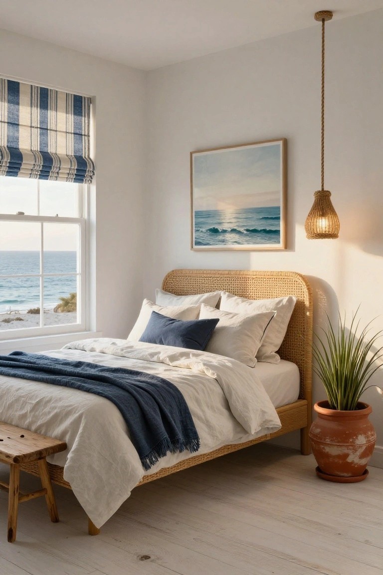 Bright bedroom with rattan headboard bed dressed in white linens and navy throw, blue-striped roman shade on window showing ocean view, potted plant in terracotta pot, wooden bench at bed foot, and rope pendant light.