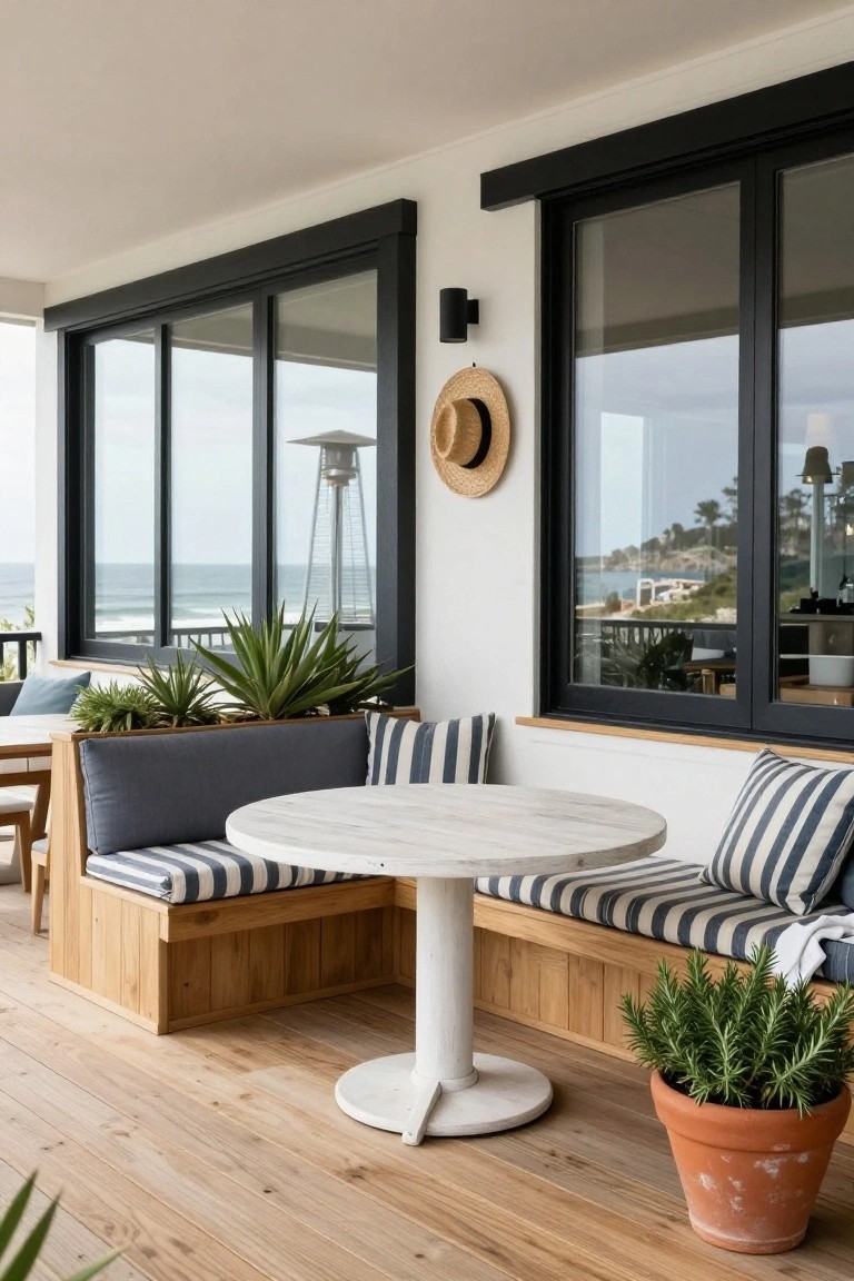 Balcony deck with corner built-in wooden benches and striped cushions around a white round table, potted plants, large black-framed windows overlooking the ocean, and a hanging straw hat on the wall.