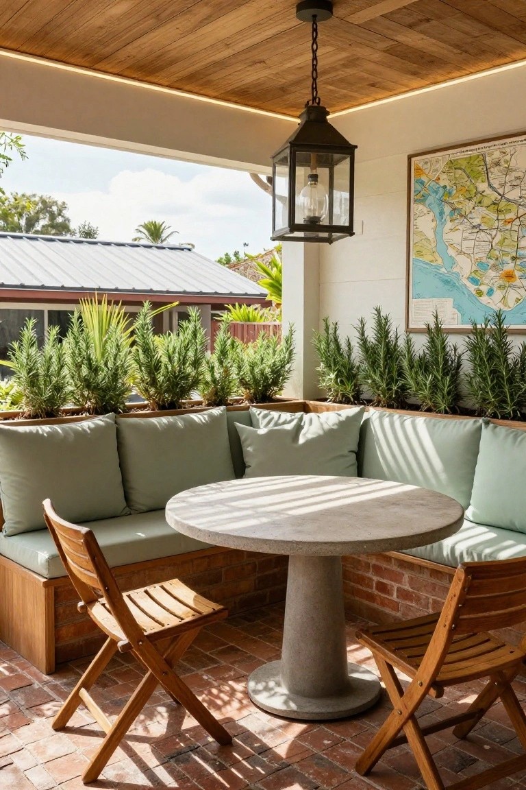Covered outdoor porch with corner L-shaped built-in bench in light cushions, round concrete pedestal table, two wooden folding chairs, surrounding wooden planters of rosemary, hanging black lantern light, and garden backdrop.