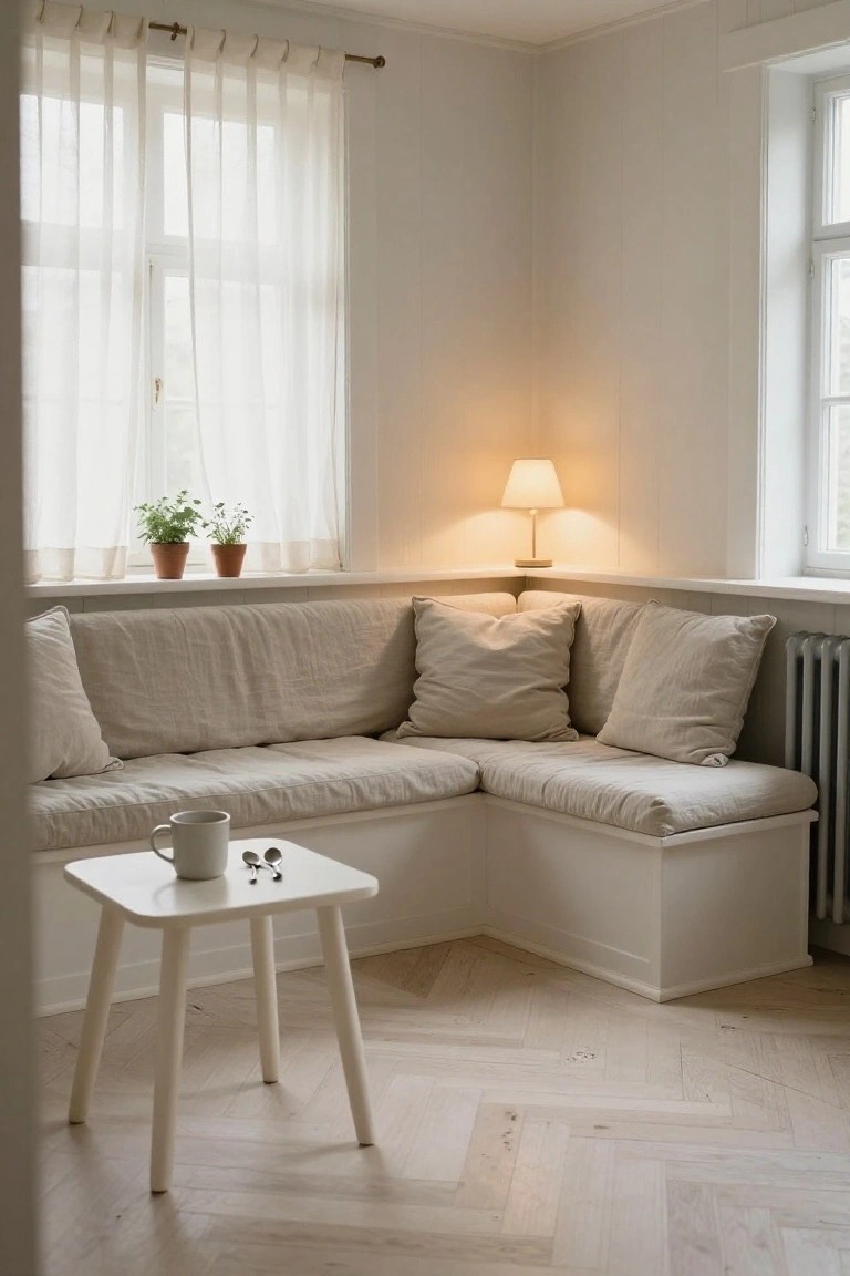 Light beige linen-upholstered L-shaped bench seat in a white corner room under two large windows with sheer curtains, two potted herb plants on the wide sill, a table lamp on the bench, and a small white square table with a white mug and two spoons on a herringbone-patterned light wood floor.