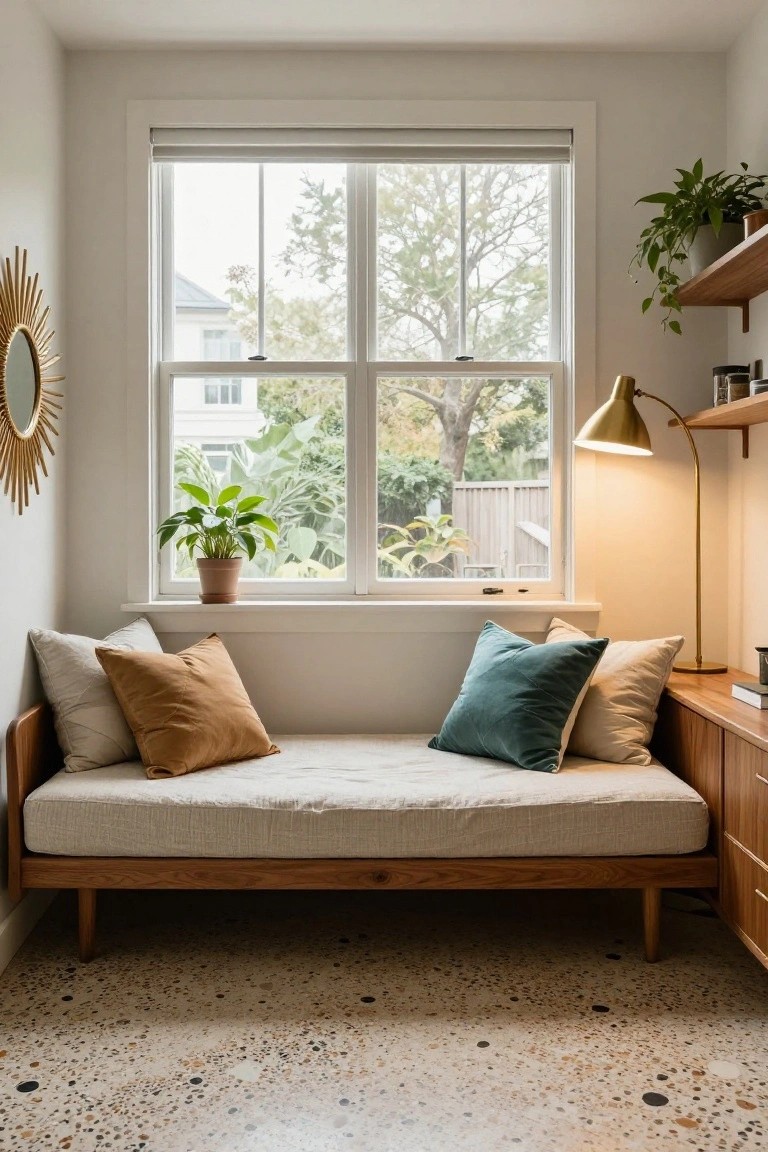 A wooden daybed with beige linen cushions sits under a large multi-pane window in a white-walled room with potted plants on the sill, wooden corner cabinet, gold arc lamp, and terrazzo floor.