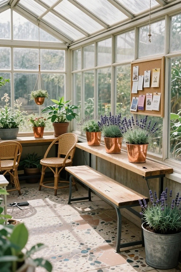 Glass-walled sunroom with wooden bench shelf lined with copper pots of lavender plants, wicker chairs nearby, hanging copper planter, and corkboard on wall.